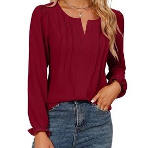 Women’s Puffed Sleeved Split Neck Red Chiffon Blouse Tunic